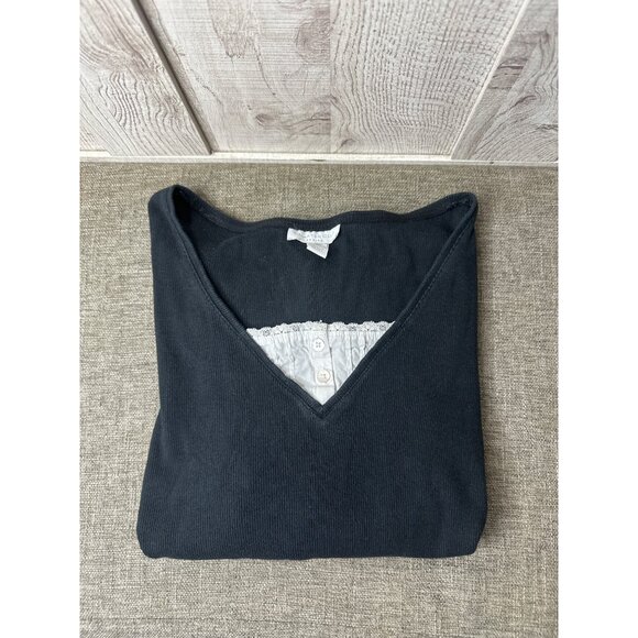 Charter Club Petite Large Womens Black Ribbed V Neck Top Button White Insert - Picture 3 of 6